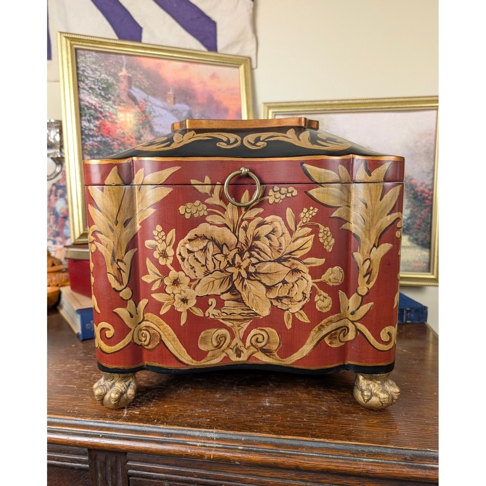 Hand Painted Floral Tea Caddy Wood Storage Chest Box Red Gold Lion Paw Feet